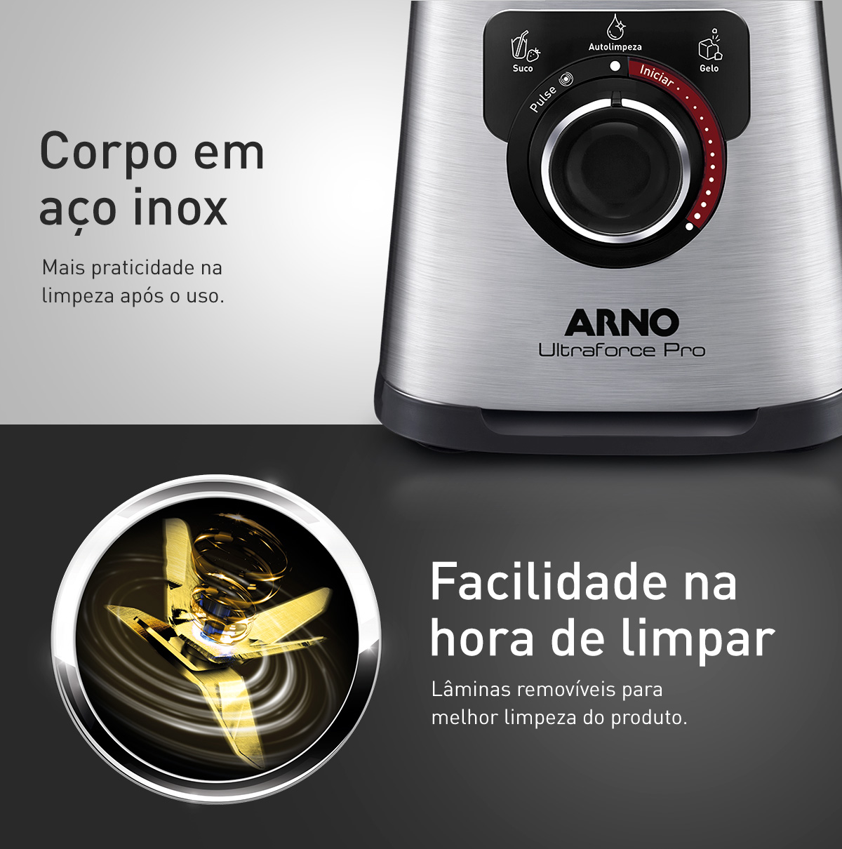 Corpo em aço inox. Mais praticidade na limpeza após o uso. Facilidade na hora de limpar. Lâminas removíveis para melhor limpeza do produto. 