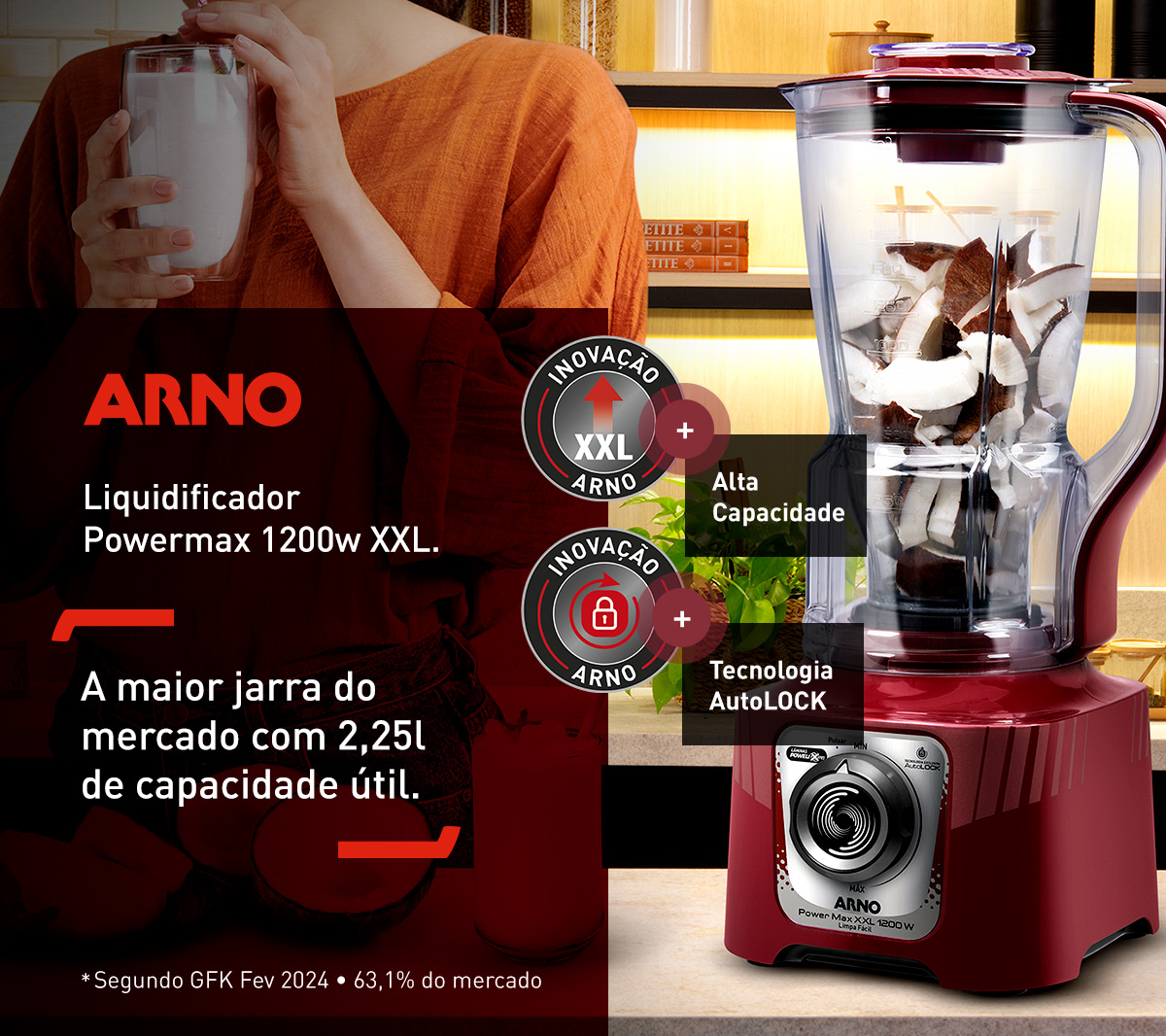 Liquidificador Powermax 1200w XXL. A maior jarra do  mercado com 2,25l de capacidade útil. Alta capacidade. Tecnologia AutoLOCK. *Segundo GFK Fev 2024 - 63,1% do mercado.