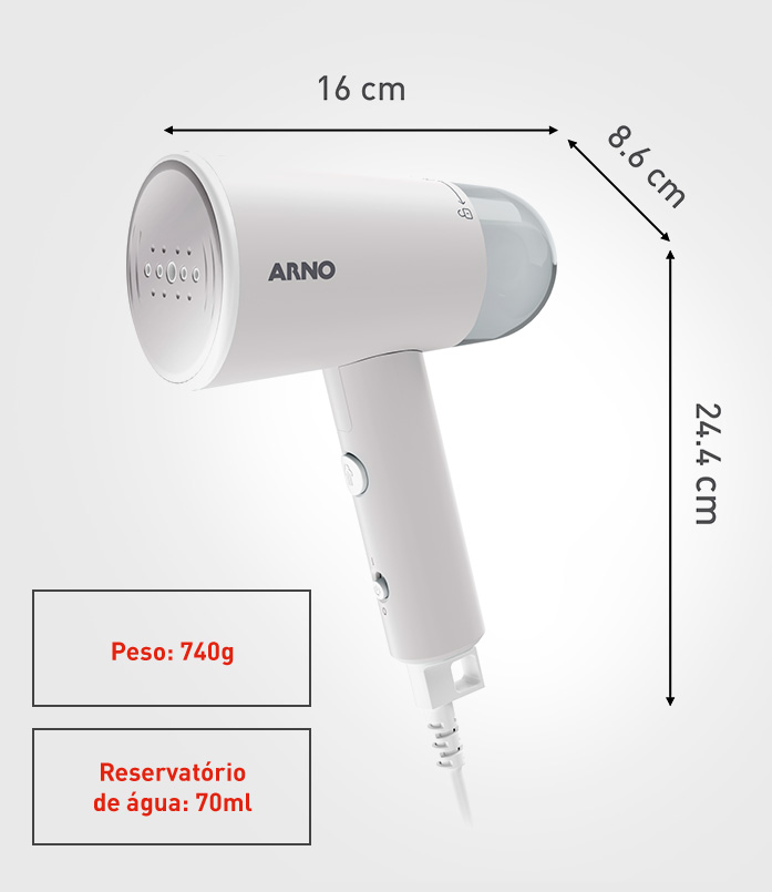 Compacto, dobrável e leve, ideal para suas viagens . Peso: 740g. Reservatório de água: 70ml. Altura: 24,4cm Largura: 16 cm Profundidade: 8,6 cm.