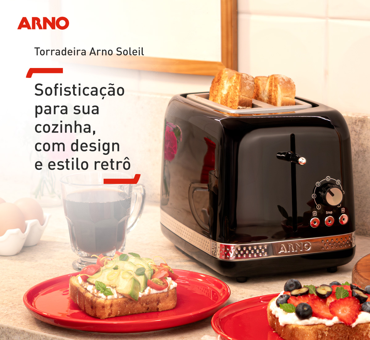 Torradeira Arno Soleil. Sofisticação para sua cozinha, com design e estilo retrô. Com Arno Soleil, tenha estilo também na sua cozinha!