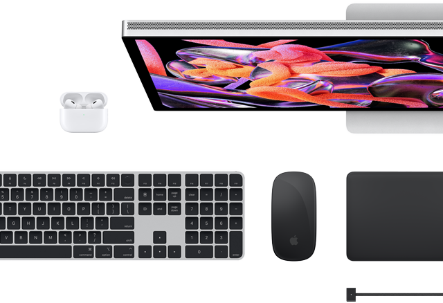 Acessórios para Mac: AirPods, Studio Display, Magic Keyboard, Magic Mouse, Magic Trackpad, cabo MagSafe para recarga preto-espacial