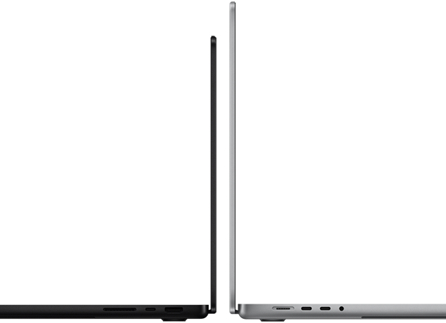 Dois notebooks MacBook Pro de 14 e 16 polegadas, um de costas para o outro, mostrando a diferença de tamanho e enfatizando o perfil fino