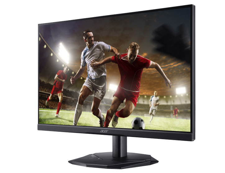 Monitor Acer com imagem de jogadores de futebol na tela. Um usa uniforme vermelho, o outro, branco. 