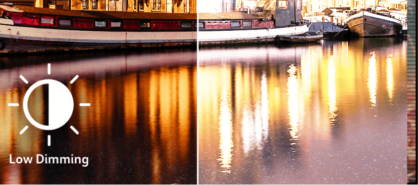 Imagem de barco exibindo comparativo da tecnologia low dimming. Um lado tem ajuste de brilho.