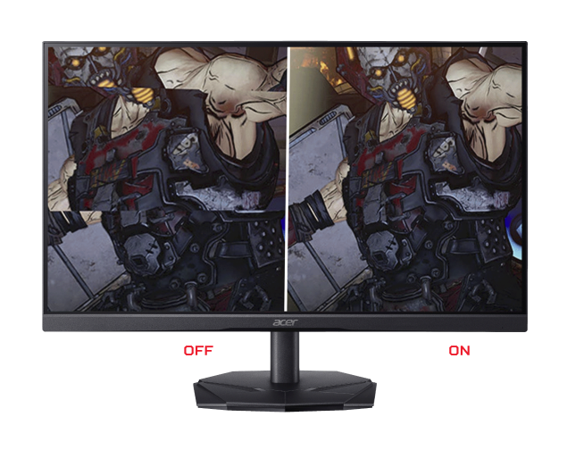 Monitor Acer exibindo imagens de um monstro na tela, comparativas do freesync. Uma está distorcida 