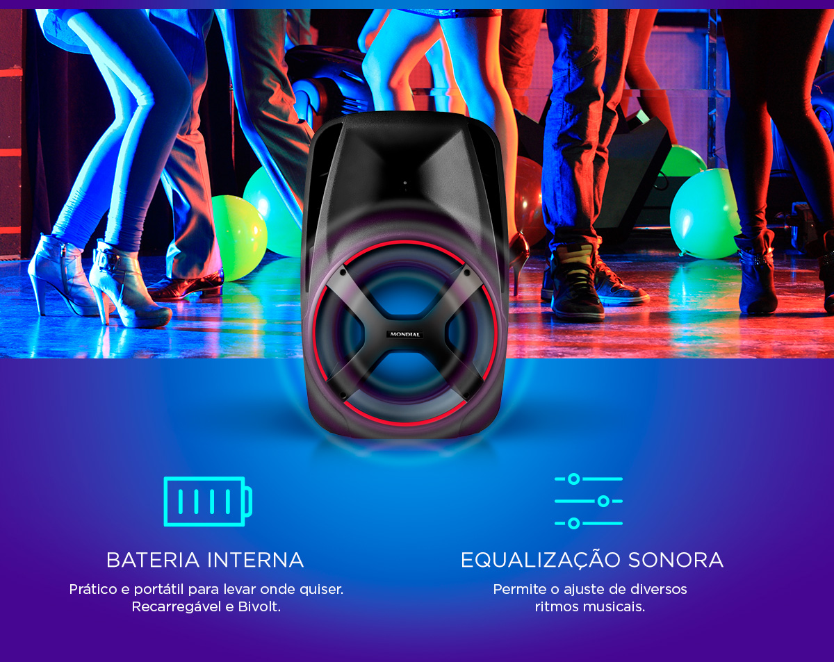 BATERIA INTERNA.Prático e portátil para levar onde quiser. Recarregável e Bivolt. EQUALIZAÇÃO SONORA. Permite o ajuste de diversos ritmos musicais.
