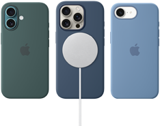 Vários acessórios MagSafe para iPhone. Capa de silicone com MagSafe para iPhone 16, verde-lago, capa de silicone com MagSafe para iPhone 16 Pro, denim, conectada a um carregador MagSafe branco, capa de silicone para iPhone 16e, azul-inverno