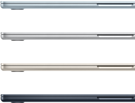 Quatro notebooks MacBook Air mostrando as cores disponíveis: azul-céu, prateado, estelar e meia-noite