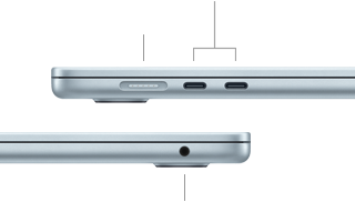 Imagem lateral do MacBook Air mostrando as portas: MagSafe e duas portas Thunderbolt 4 no lado esquerdo, entrada para fones de ouvido no lado direito
