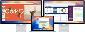 MacBook Air com dois monitores externos mostrando vários apps na tela