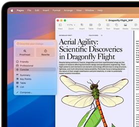 Revisão de um artigo científico sobre o voo da libélula, usando as Ferramentas de Escrita da Apple Intelligence para deixá-lo mais conciso