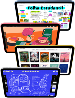 Imagem da tela de vários aparelhos iPad mostrando diferentes apps da Apple e da App Store