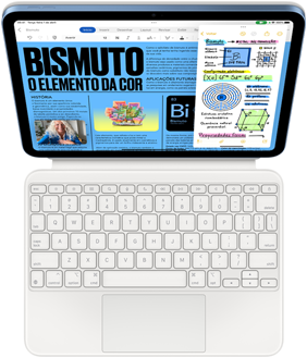 Imagem de um iPad conectado ao Magic Keyboard Folio. A tela mostra os apps Pages e Notas em Slide Over