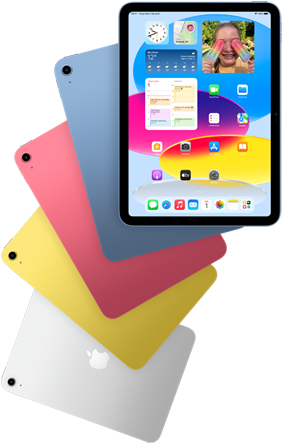 Imagem da parte da frente de um iPad mostrando a Tela de Início e das partes de trás de outras unidades de iPad nas cores azul, rosa, amarelo e prateado