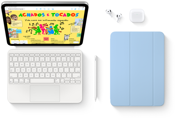 iPad conectado ao Magic Keyboard Folio, Apple Pencil, AirPods e Smart Folio