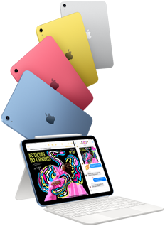 Modelos do iPad em azul, rosa, amarelo e prateado. Um iPad está conectado ao Magic Keyboard Folio com Apple Pencil