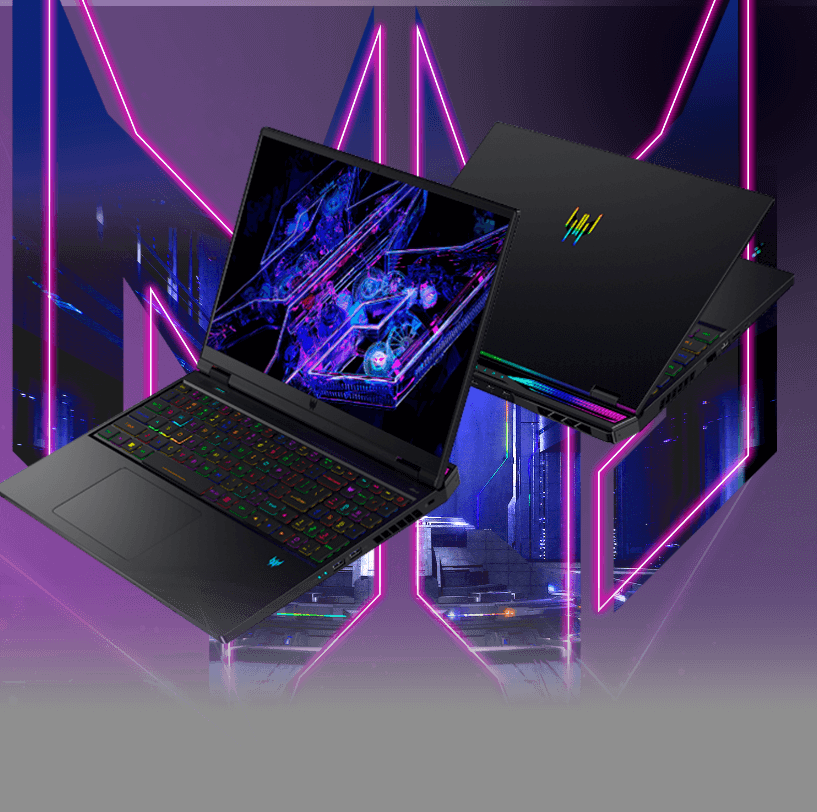 Dois Notebooks Predator, um visto de frente e outro de costas. Teclado iluminado em cores.