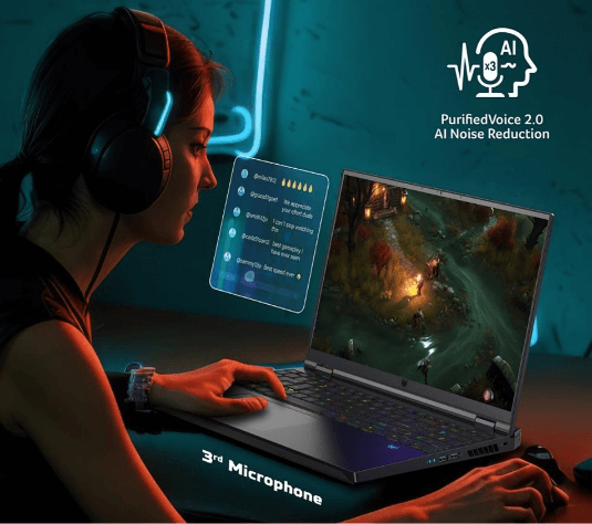 Imagem de mulher em frente a notebook predator usando purified voice