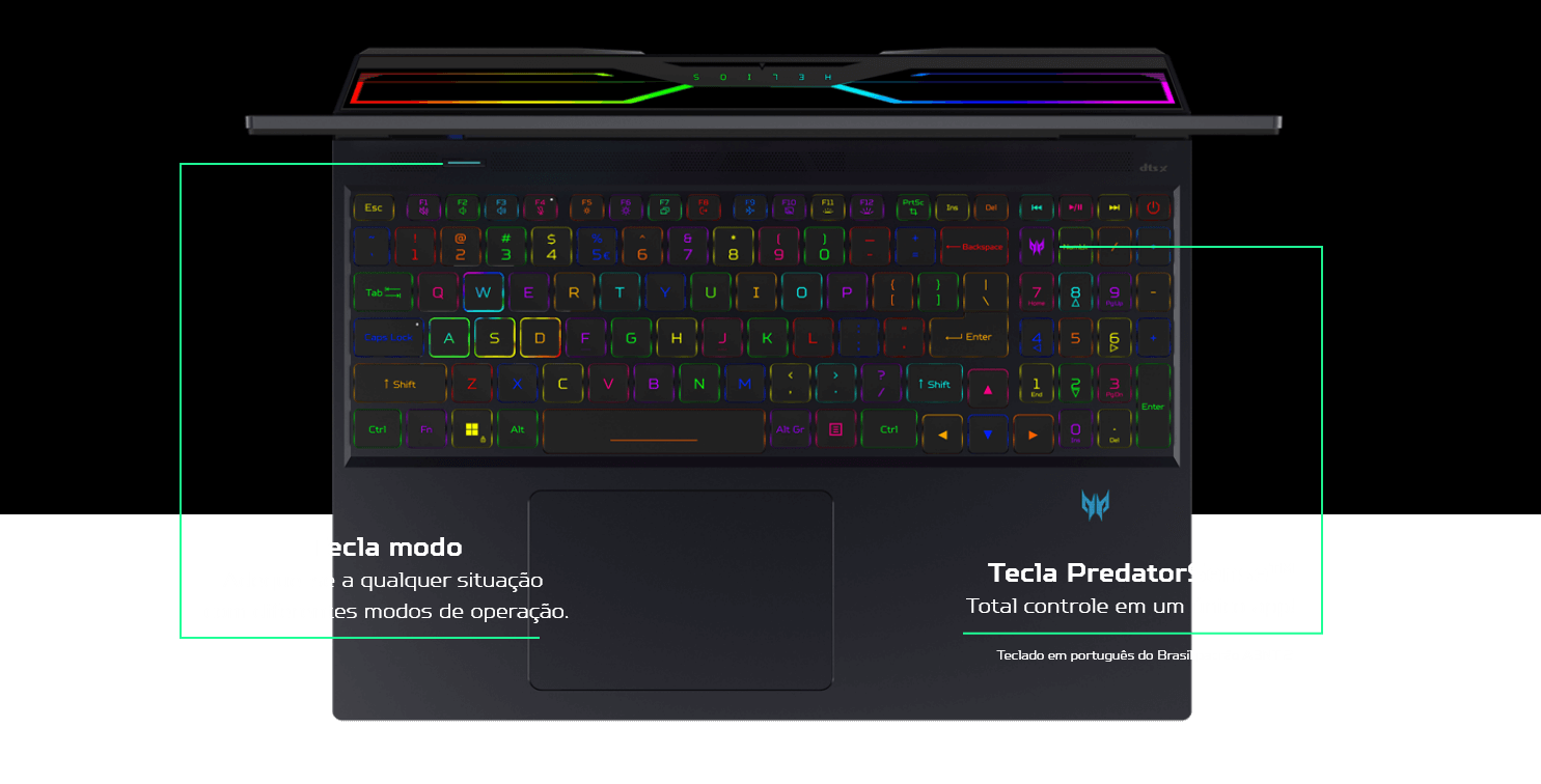 Notebook Predator visto de cima, exibindo detalhes do teclado