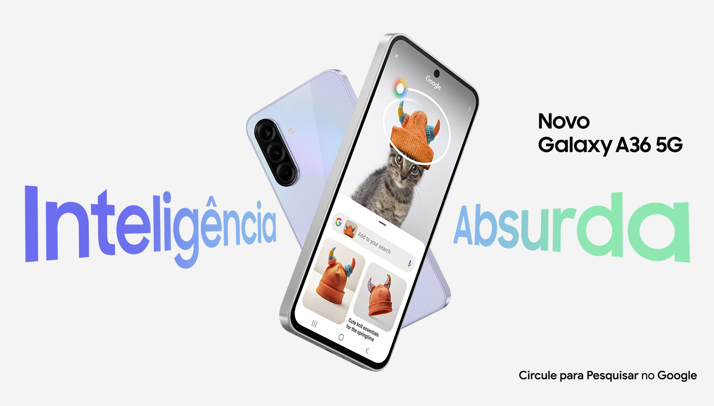 Dois dispositivos Galaxy A36 5G formam um X. O de trás exibe a parte traseira, enquanto o da frente mostra a tela com o recurso Circule para Pesquisar ativado. Textos "Inteligência Absurda" e "Novo Galaxy A36 5G" visíveis. Na parte inferior direita, vemos o texto Circule para Pesquisar no Google.