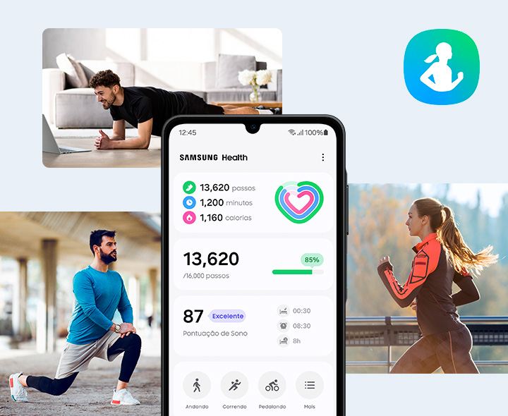 O Galaxy A06 5G exibindo o aplicativo Samsung Health, mostrando a contagem de passos e a pontuação de sono. Pessoas praticando diversas atividades físicas, como prancha, alongamento e corrida, também são mostradas.