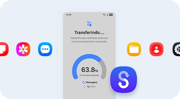 Um smartphone exibindo um processo de transferência de dados. Ao redor do telefone, ícones coloridos de aplicativos e o logotipo do Smart Switch.