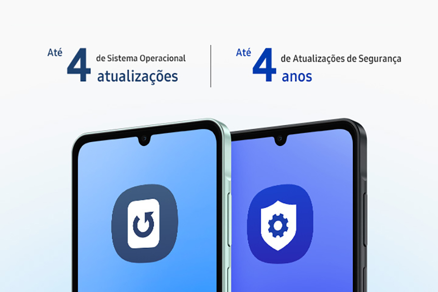 Dois dispositivos Galaxy A06 5G são mostrados lado a lado com textos indicando "Até 4 atualizações de sistema operacional" e "Até 4 anos de atualizações de segurança".